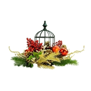 13 Berry Pine Cone Red Hurricane Glass in Birdcage Christmas Pillar Candle Holder - All