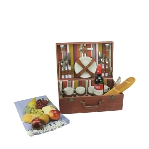 4-Person Hand Wooden Red Striped Picnic Basket Set with Accessories - All