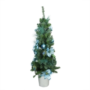 48 Pre-Decorated Peacock Blue and Silver Potted Artificial Christmas Tree Unlit - All