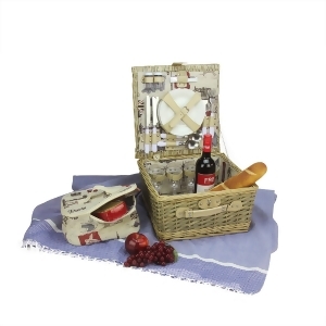 4-Person Hand Woven Warm Gray and Natural I love Paris Willow Picnic Basket Set with Accessories - All