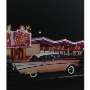 Led Lighted Coral Pink 1957 Chevy Bel Air in Front of a Diner Canvas Wall Art 23.5 x 19.75 - All