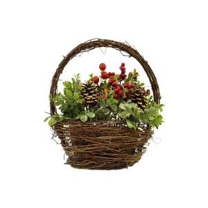 12 Pine Cones Berries and Boxwood in Twig Basket Christmas Tabletop Decoration - All