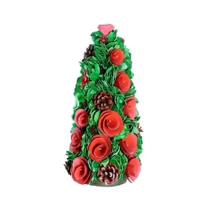 15.75 Red Wood Rose Flower and Pine Cones Christmas Cone Tree Decoration - All