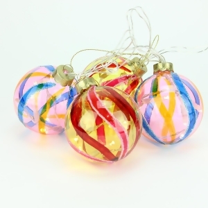 Set of 4 Battery Operated Pink and Yellow Swirl Glass Ball Led Lighted Christmas Ornaments - All