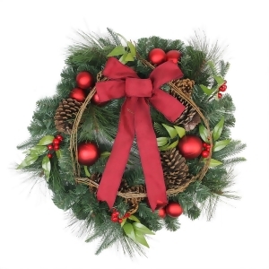 24 Pine with Red Ball Ornaments and Pine Cones Artificial Christmas Wreath Unlit - All