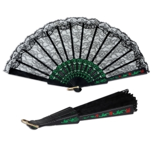 Club Pack of 12 Elegant Black and Green Floral Fiesta Lace Fan Party Accessories - All