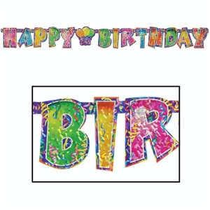 Pack of 12 Colorful Prismatic Foil Happy Birthday Party Streamer Banners 5' - All