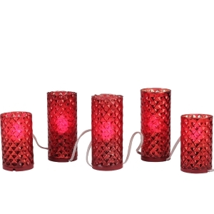 Set of 5 Red Diamond Faceted Mercury Glass Flameless Pillar Candle Christmas Lights - All