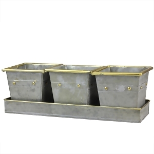 Set of 3 Decorative Gray Square Pots with Gold Colored Accents in a Tray 15.5 - All