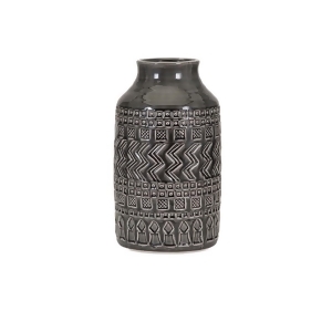 13.25 Intricately Designed Glazed Charcoal Gray Decorative Table Top Ceramic Vase - All