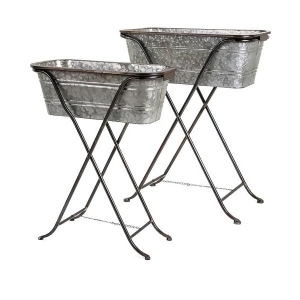 Set of 2 Decorative Rectangular Galvanized Metal Planters with Stand - All