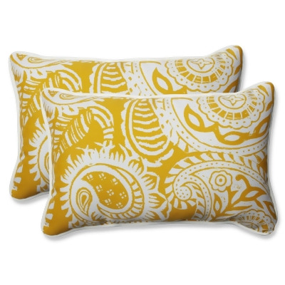 Set of 2 Yellow and White Paisley Swirl Outdoor Corded Throw Pillows 18.5