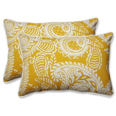 Set of 2 Yellow and White Paisley Swirl Outdoor Corded Throw Pillows 24.5