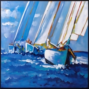 48 Solid White and Ocean Blue Hand Painted Yacht Away Framed Oil Painting - All