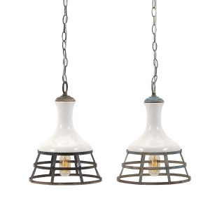 Set of 2 Rustic White Brown and Blue Metal Hanging Pendant Ceiling Light Fixture 16 - All