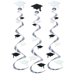 Club Pack of 18 Metallic Silver White and Black Graduation Cap Swirl Decorations 30 - All