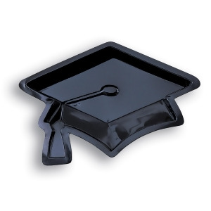 Pack of 12 Black Mortarboard Graduation Cap Hat Shaped Disposable Plastic Party Banquet Dinner Plate Trays - All