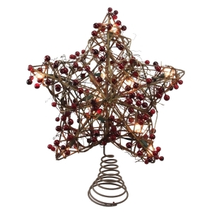 13.5 Brown Rattan with Red Berries Star Christmas Tree Topper Clear Lights - All