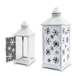 Set of 2 Large White Cut-Out Snowflake All-Weather Iron and Glass Christmas Candle Lanterns - All