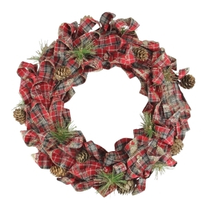 14.25 Holiday Moments Red Plaid Bows and Pine Cones Artificial Christmas Wreath Unlit - All