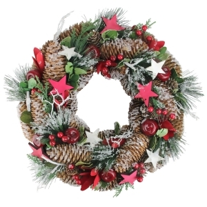 13.25 Berries Apples Stars and Pine Cones Frosted Christmas Wreath Unlit - All