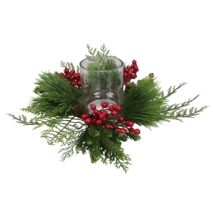 15 Traditional Artificial Pine and Red Berry Decorative Wreath Pillar Candle Holder - All
