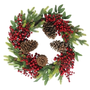 22 Artificial Pine Cone Red Berry and Pine Sprig Christmas Wreath Unlit - All