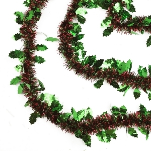 50' Shiny Red and Green Christmas Tinsel Garland with Green Holly Unlit- 8 Ply Pack of 3 - All
