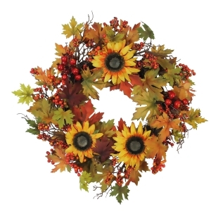 24 Artificial Fall Leaf Berry and Sunflower Decorative Wreath - All