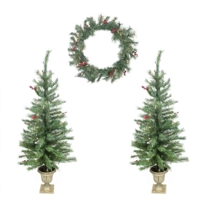 4-Piece Set of Red Berry Pine Artificial Christmas Trees and Wreath Clear Lights - All