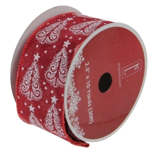 Pack of 12 Cranberry Red and White Trees Burlap Wired Christmas Craft Ribbon Spools 2.5 x 120 Yards Total - All