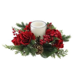 15 Artificial Mixed Pine and Red Hydrangea Decorative Wreath Pillar Candle Holder - All