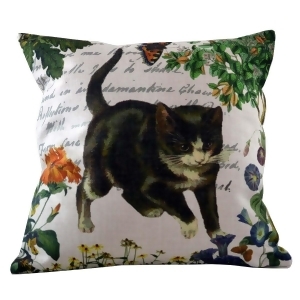 Decorative Black and White Kitten with Floral Accents and Calligraphy Background Throw Pillow 18 - All