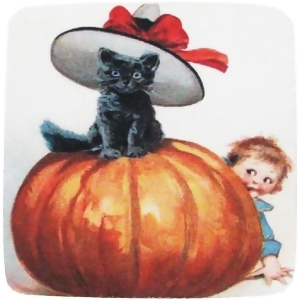 Set of 8 Black Cat with Big Hat and Pumpkin Halloween Decorative Coasters 4 - All