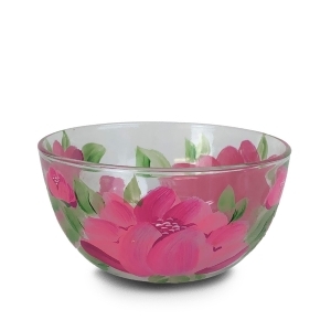 6 Pink and Green Peony Floral Decorative Hand Painted Glass Serving Bowl - All