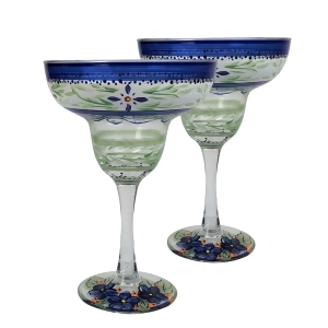 Set of 2 Blue and Green Floral Hand Painted Margarita Stemware Glasses 7 - All
