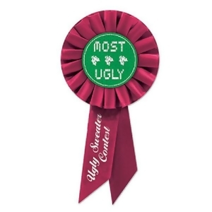 Pack of 6 Burgundy and Green Ugly Sweater Rosette Ribbon Christmas Accessories 6.5 - All