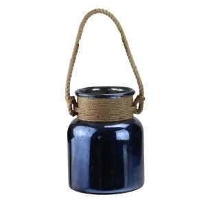 Majolica Blue Mercury Glass Hurricane Lantern with Rope Handle 9.5 - All