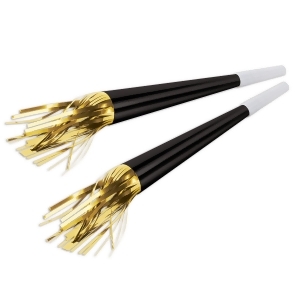 Club Pack of 100 Suite and Tie Black and Gold Party Horns with Fringe 9 - All