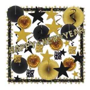 32 Piece Gold and Black Gleaming Happy New Year DecorativeDecorating Kit - All