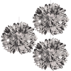 Club Pack of 12 Shiny Metallic Silver Fluff Ball Hanging Party Decorations 16 - All