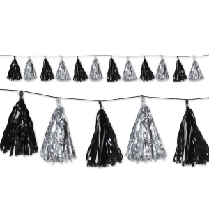 Club Pack of 12 Decorative Holiday Black and Silver Metallic Tassel Garland 8 - All