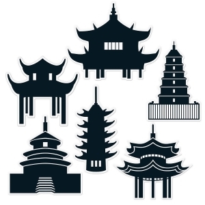 Club Pack of 12 Black Traditional Asian Pagoda Silhouette Wall Cutouts 14.5 - All