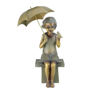 17.5 Young Garden Girl Sitting While Holding an Umbrella and Bird Statue - All