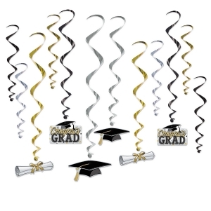 Club Pack of 72 Assorted Black Gold and Silver Hanging Graduation Whirl Decorations - All