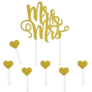 Club Pack of 12 Gold Glitter Finished Mr Mrs with Hearts Cake Toppers 8.75 - All