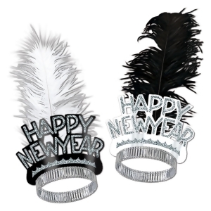 Club Pack of 50 Black and Silver Foil Happy New Year Glitter and Feather Tiaras - All