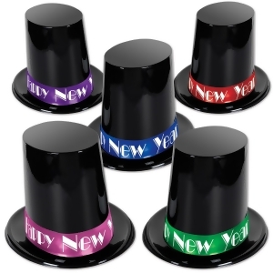 Club Pack of 25 Big Black Happy New Year Top Hat with Assorted Color Band 7.5 - All