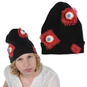 Club Pack of 12 Halloween Black and Red Bloodshot Eyeballs Knit Caps 11 - All