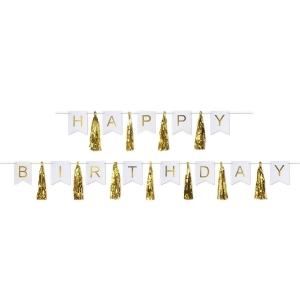 Club Pack of 24 Gold and White Tassel Happy Birthday Banners 9 - All